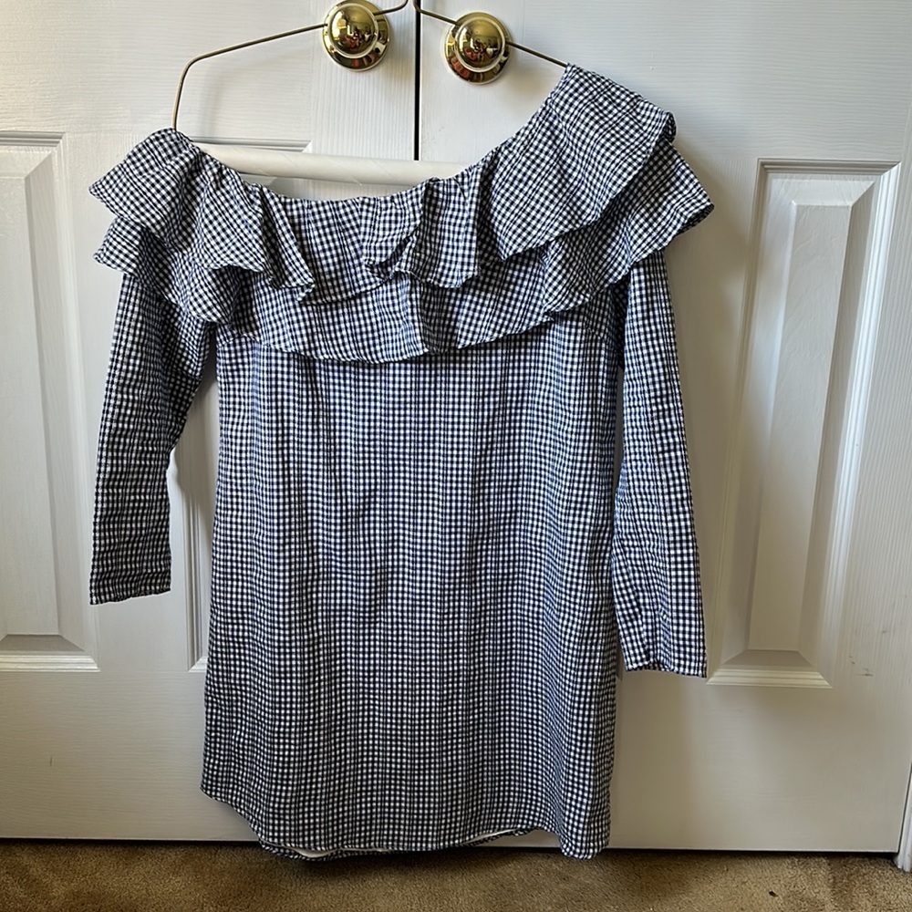 Adelyn Rae Gingham Scoop Neck Ruffle with Off Shoulder on Right Side